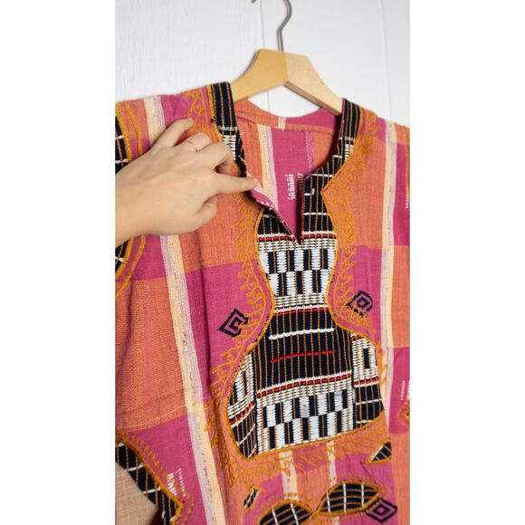 VINTAGE '70s Hand Woven Embroidered Pink & Orange Kaftan Tunic Dress ONE SIZE - Picture 12 of 16